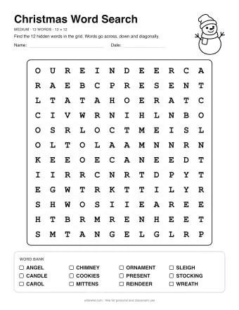 Christmas Wordsearch, medium level: letter grid with the word list below