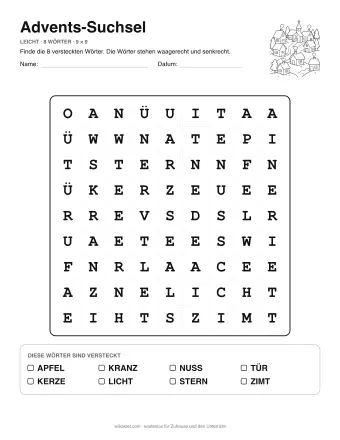 Advents-Suchsel, Stufe leicht: Buchstabengitter mit Wörterliste