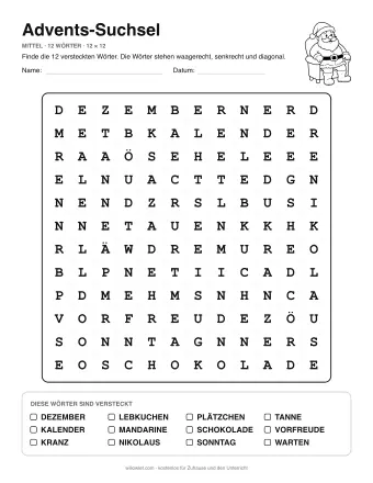 Advents-Suchsel, Stufe mittel: Buchstabengitter mit Wörterliste