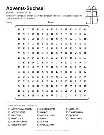 Advents-Suchsel, Stufe schwer: Buchstabengitter mit Wörterliste