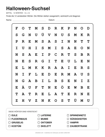Halloween-Suchsel, Stufe mittel: Buchstabengitter mit Wörterliste