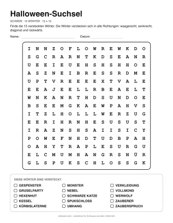 Halloween-Suchsel, Stufe schwer: Buchstabengitter mit Wörterliste
