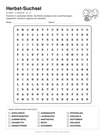 Herbst-Suchsel, Stufe schwer: Buchstabengitter mit Wörterliste