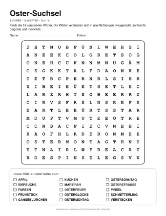 Oster-Suchsel, Stufe schwer: Buchstabengitter mit Wörterliste
