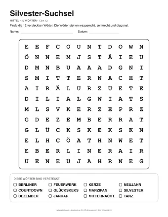 Silvester-Suchsel, Stufe mittel: Buchstabengitter mit Wörterliste