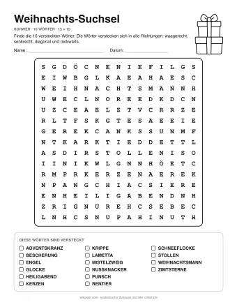 Weihnachts-Suchsel, Stufe schwer: Buchstabengitter mit Wörterliste