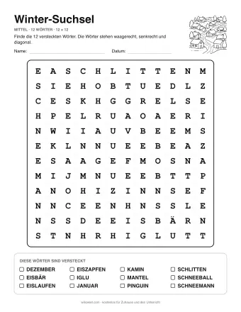 Winter-Suchsel, Stufe mittel: Buchstabengitter mit Wörterliste