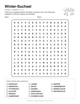 Winter-Suchsel, Stufe schwer: Buchstabengitter mit Wörterliste