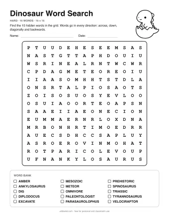 Dinosaur Word Search, hard level: letter grid with the word list below