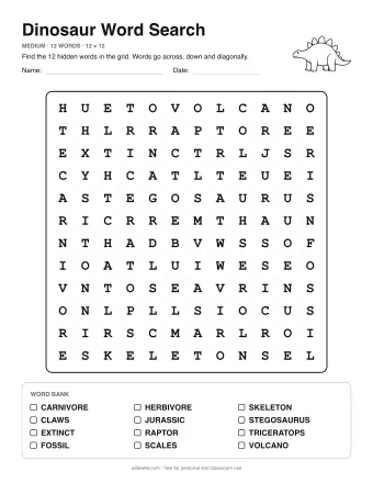 Dinosaur Wordsearch, medium level: letter grid with the word list below
