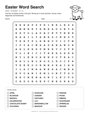 Easter Word Search, hard level: letter grid with the word list below