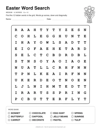 Easter Word Search, medium level: letter grid with the word list below