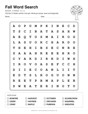Fall Word Search, medium level: letter grid with the word list below
