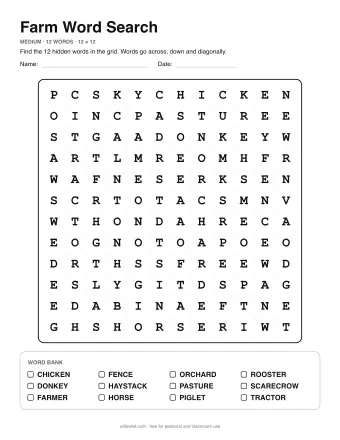 Farm Wordsearch, medium level: letter grid with the word list below