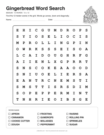Gingerbread Word Search, medium level: letter grid with the word list below