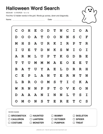 Halloween Wordsearch, medium level: letter grid with the word list below