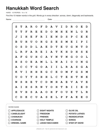 Hanukkah Word Search, hard level: letter grid with the word list below