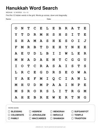 Hanukkah Word Search, medium level: letter grid with the word list below