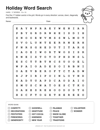 Holiday Word Search, hard level: letter grid with the word list below
