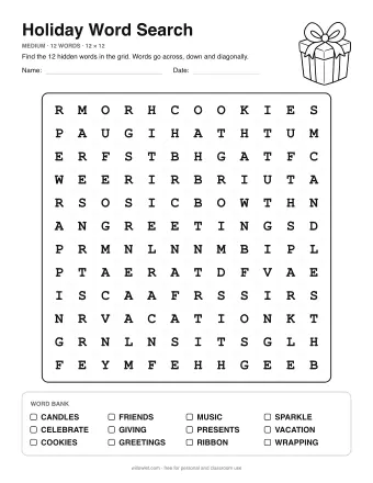 Holiday Word Search, medium level: letter grid with the word list below