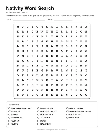 Nativity Word Search, hard level: letter grid with the word list below