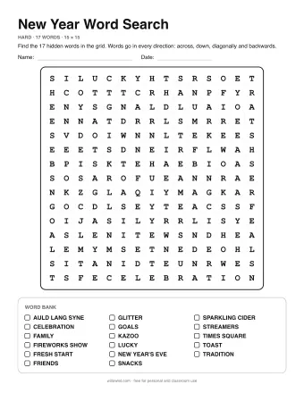New Year Word Search, hard level: letter grid with the word list below