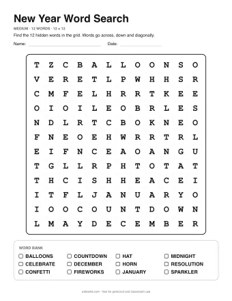 New Year Word Search, medium level: letter grid with the word list below