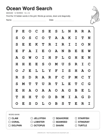 Ocean Word Search, medium level: letter grid with the word list below
