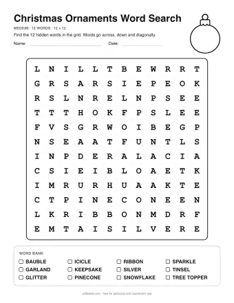 Christmas Ornaments Word Search, medium level: letter grid with the word list below