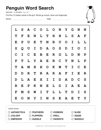 Penguin Word Search, medium level: letter grid with the word list below