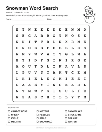 Snowman Word Search, medium level: letter grid with the word list below