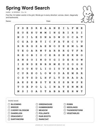Spring Word Search, hard level: letter grid with the word list below