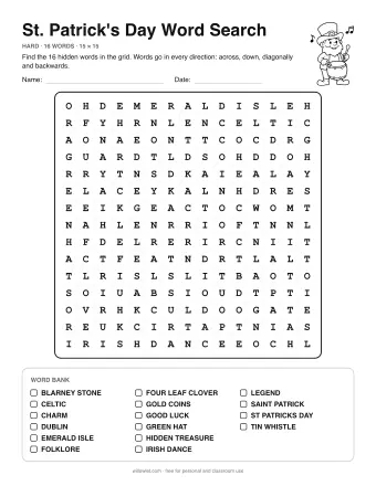 St Patrick's Day Wordsearch, hard level: letter grid with the word list below