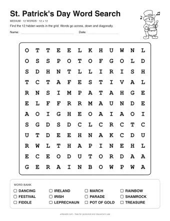 St Patrick's Day Wordsearch, medium level: letter grid with the word list below