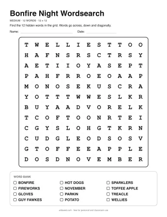 Bonfire Night Wordsearch, medium level: letter grid with the word list below