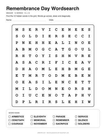 Remembrance Day Wordsearch, medium level: letter grid with the word list below