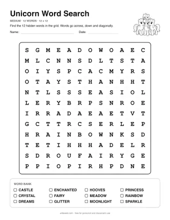 Unicorn Wordsearch, medium level: letter grid with the word list below