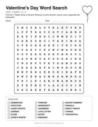 Valentine's Day Word Search, hard level: letter grid with the word list below