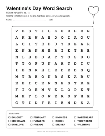 Valentine's Day Word Search, medium level: letter grid with the word list below