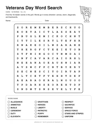 Veterans Day Word Search, hard level: letter grid with the word list below