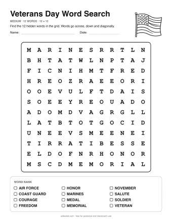 Veterans Day Word Search, medium level: letter grid with the word list below