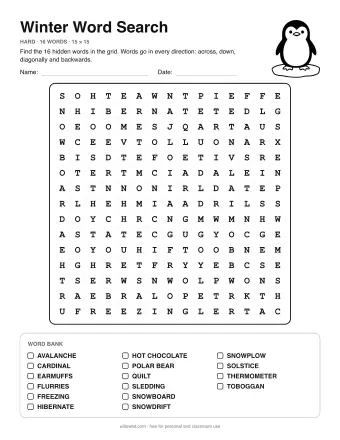 Winter Word Search, hard level: letter grid with the word list below