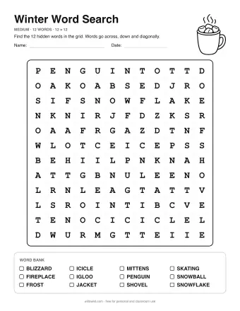 Winter Wordsearch, medium level: letter grid with the word list below