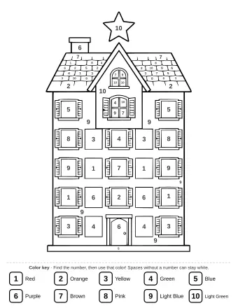Line art of a house-shaped Advent calendar for coloring
