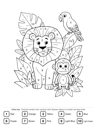 Black-and-white line drawing of a smiling lion with a full mane, a small monkey sitting on a leaf, and a parrot perched on a branch, surrounded by large jungle leaves.