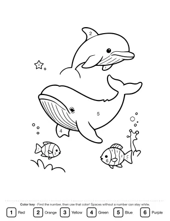 Black and white line drawing of a large whale and a leaping dolphin in the ocean, with two striped fish, bubbles, seaweed, and a starfish.