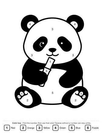 Black and white line drawing of a giant panda sitting and holding a bamboo stalk to its mouth, with black ears, eye patches, shoulders, and feet.