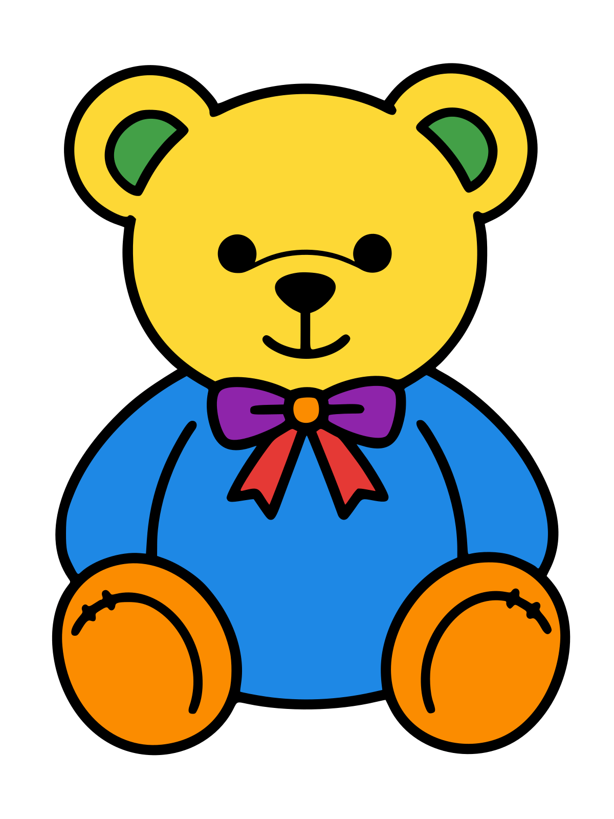 Black and white line drawing of a sitting teddy bear with round ears, a ribbon at its neck, and stitched paws.
