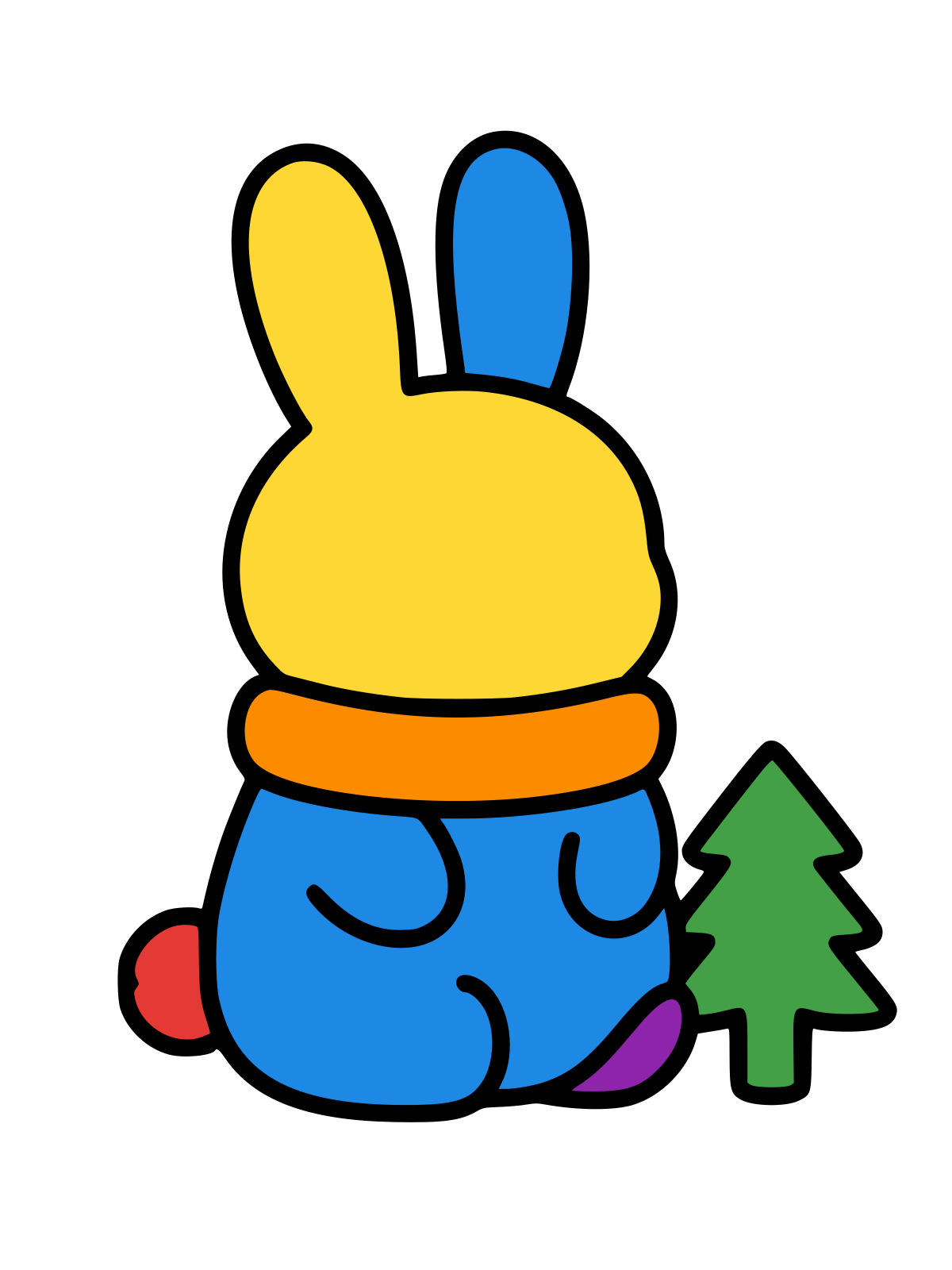 Black and white line drawing of a bunny wearing a thick winter scarf, sitting next to a small evergreen tree.