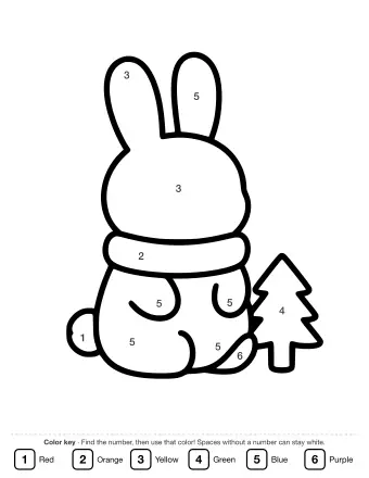Black and white line drawing of a bunny wearing a thick winter scarf, sitting next to a small evergreen tree.